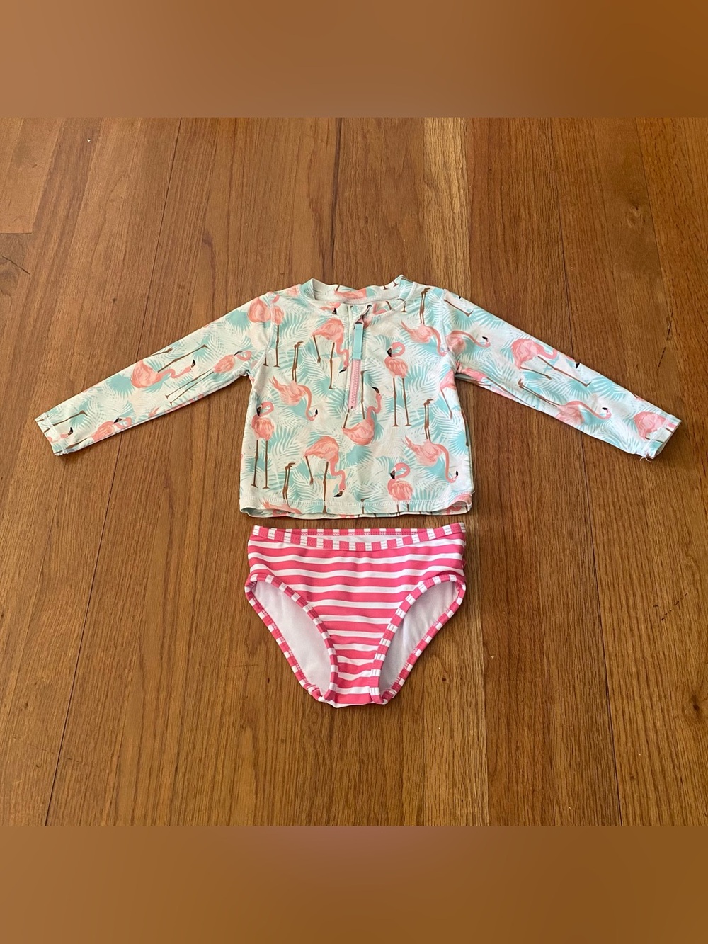 Ruffle Butts Girls Flamingo Rashguard Set - Mint & Pink